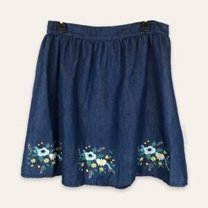 Sugarhill Boutique Blue Chambray Bohemian Floral Embroidered Short Mini Skirt